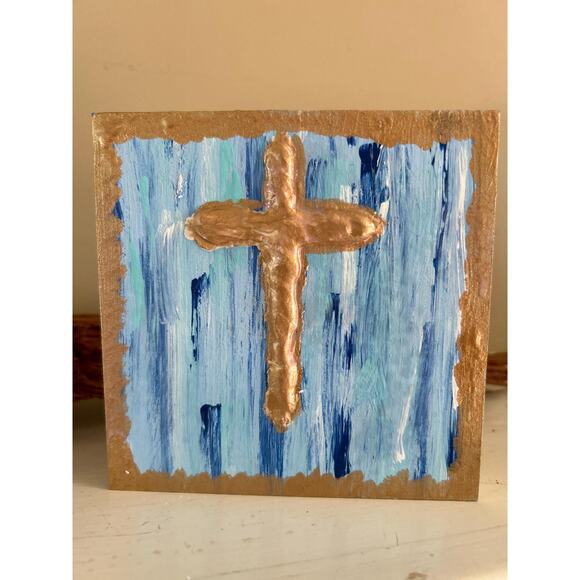 SALE Gold Cross Wood Painting Hand Painted Puffy Wall Art 5 x 5 Block White Blue - Picture 9 of 9